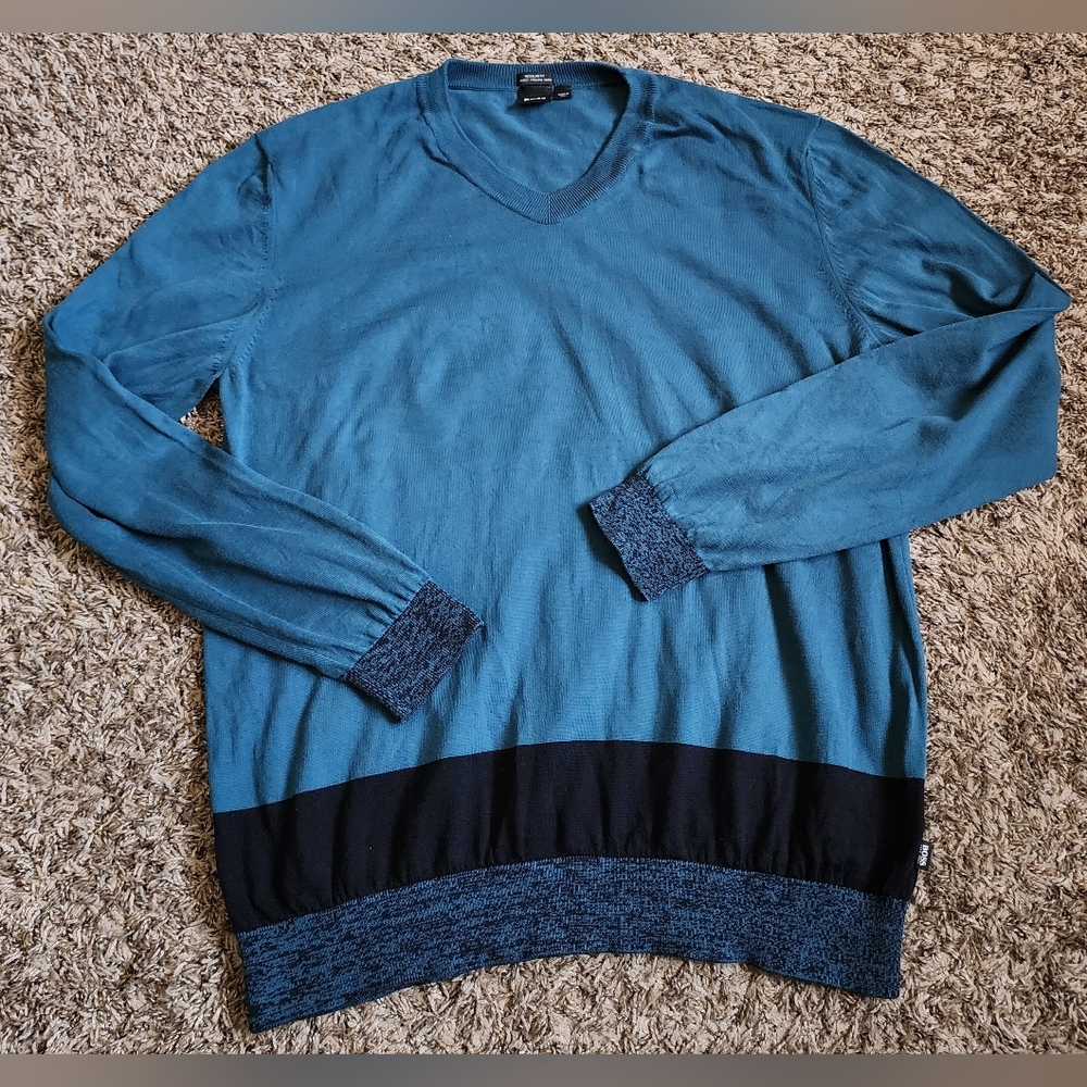 Boss Hugo Boss Blue Cotton Italian Yarn Pullover V-Neck Sweater XXL